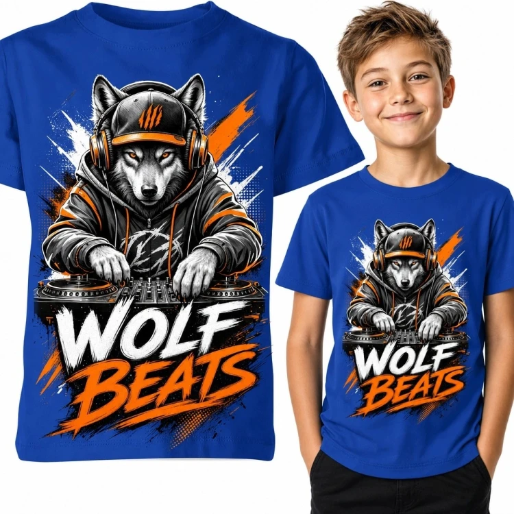 Koszulka chłopięca z wilkiem DJ i napisem „Wolf Beats”