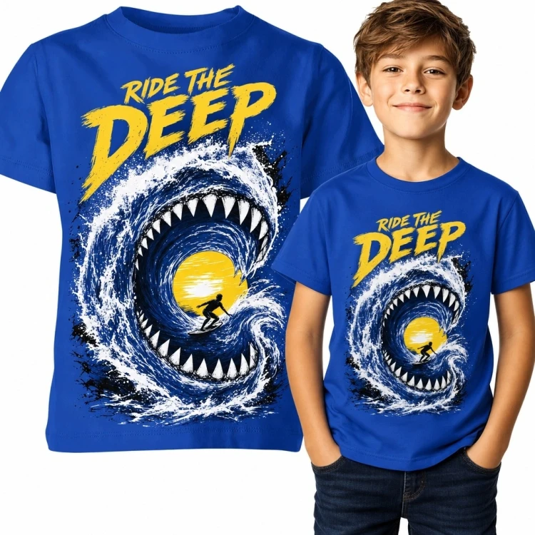 Koszulka chłopięca z rekinem i surferem „Ride the Deep” - oceaniczny motyw