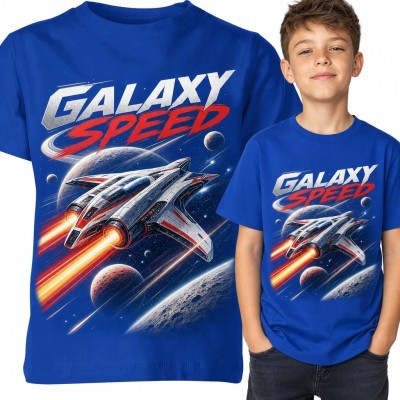 Koszulka chłopięca ze statkiem kosmicznym i napisem „Galaxy Speed” - motyw kosmosu
