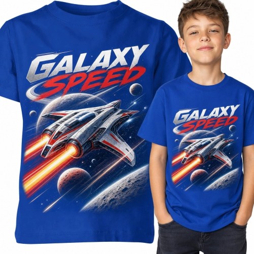 Koszulka chłopięca ze statkiem kosmicznym i napisem „Galaxy Speed” - motyw kosmosu