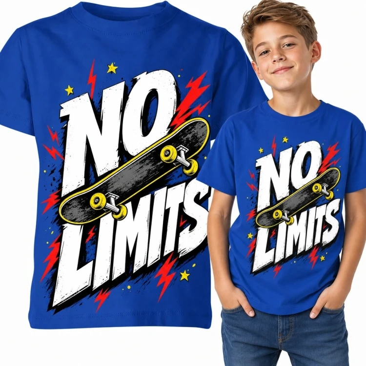 Koszulka chłopięca z deskorolką i napisem „No Limits” - styl streetwear