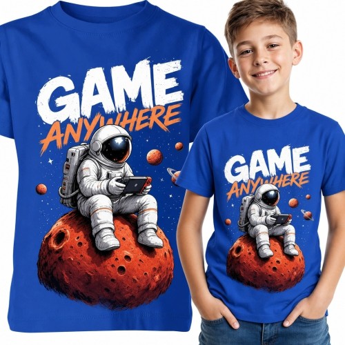 Koszulka chłopięca dla gracza z astronautą i napisem „Game Anywhere” - kosmiczny motyw