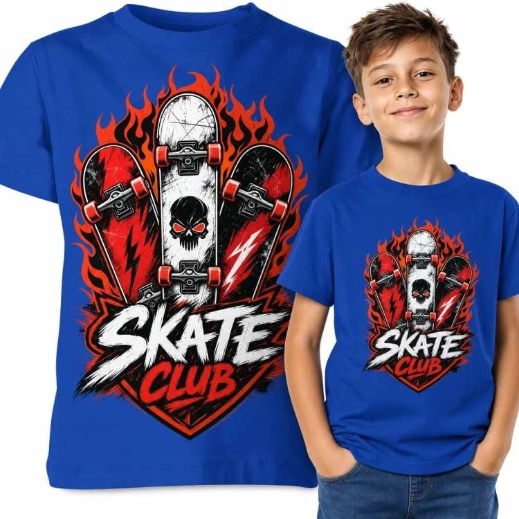 Koszulka chłopięca z deskorolkami i czaszką „Skate Club” - streetwearowy motyw