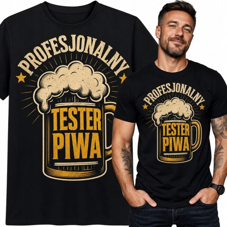 Koszulka męska z kuflem piwa i napisem „Profesjonalny tester piwa” - styl retro