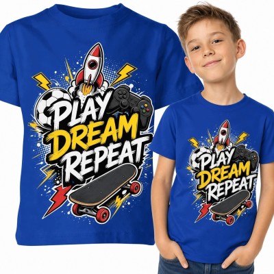 Koszulka chłopięca z gamingowo-sportowym nadrukiem „Play Dream Repeat”