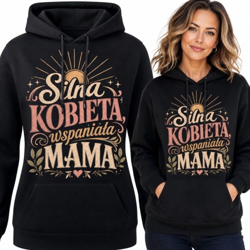 Bluza damska z kapturem dla mamy „Silna kobieta, wspaniała mama” - retro wzór