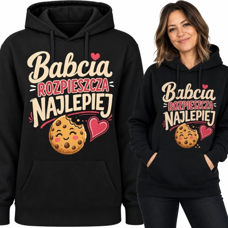 Bluza damska z kapturem dla babci „Babcia rozpieszcza najlepiej” - ciastko i serca