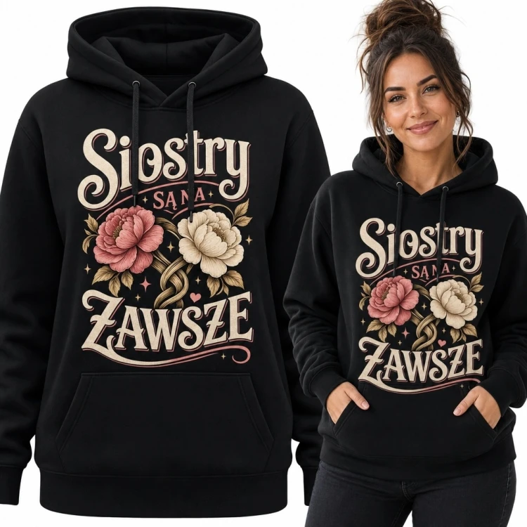 Bluza damska z kapturem dla siostry „Siostry są na zawsze” - kwiatowy wzór retro