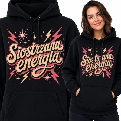 Bluza damska z kapturem „Siostrzana energia” - retro nadruk z błyskawicami