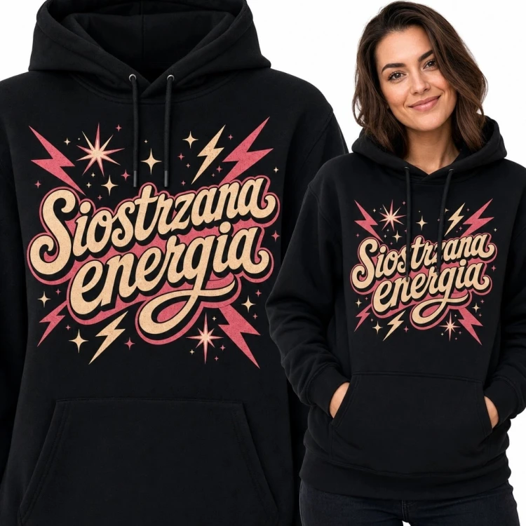 Bluza damska z kapturem „Siostrzana energia” - retro nadruk z błyskawicami