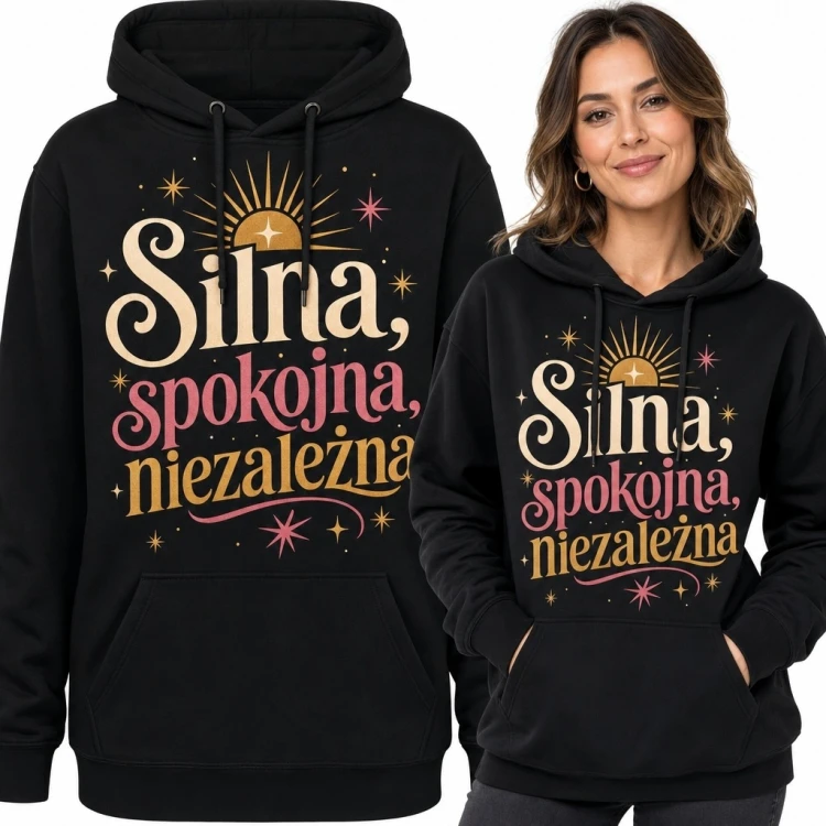 Bluza damska z kapturem „Silna, spokojna, niezależna” - astralny wzór retro