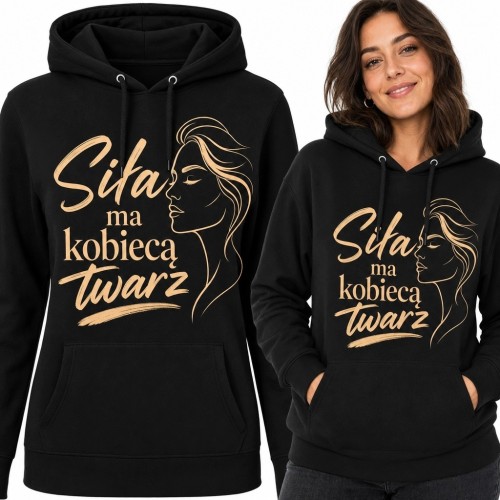 Bluza damska z kapturem „Siła ma kobiecą twarz” z kobiecym profilem line art