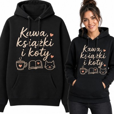 Bluza damska z kapturem „Kawa, książki i koty” - czarna z brzoskwiniowym nadrukiem