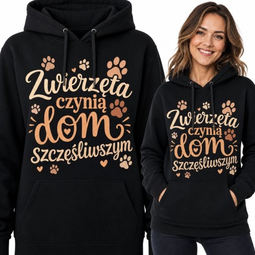 Bluza damska z kapturem „Zwierzęta czynią dom szczęśliwszym” - łapy i serca