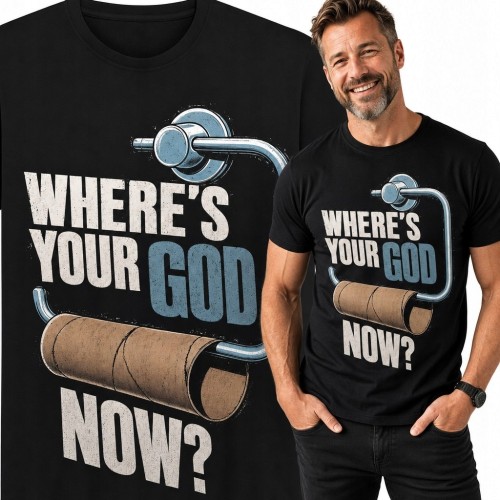 Koszulka męska z pustą rolką papieru i napisem „Where’s Your God Now?”
