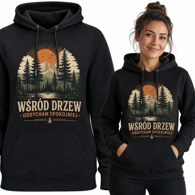 Bluza damska z kapturem z leśnym krajobrazem i napisem „Wśród drzew oddycham spokojniej” - retro