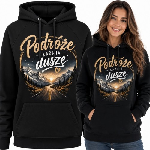 Bluza damska z kapturem „Podróże karmią duszę” - górska droga o zachodzie słońca