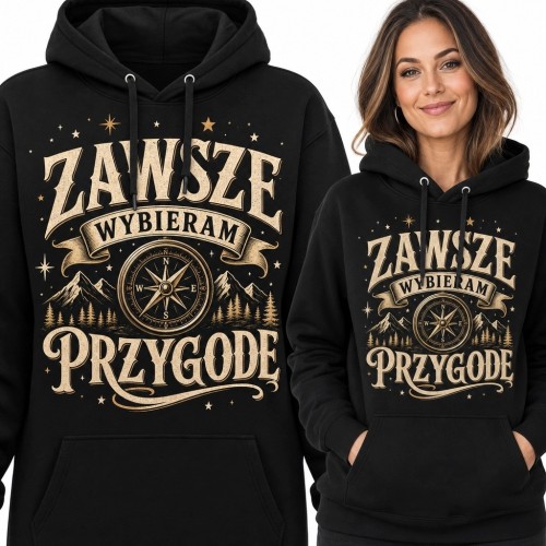 Bluza damska z kapturem z kompasem i górami „Zawsze wybieram przygodę”