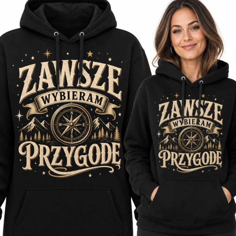 Bluza damska z kapturem z kompasem i górami „Zawsze wybieram przygodę”