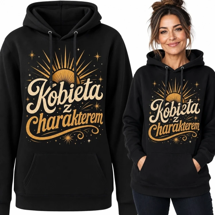 Bluza damska z kapturem „Kobieta z charakterem” - retro motyw słońca i gwiazd