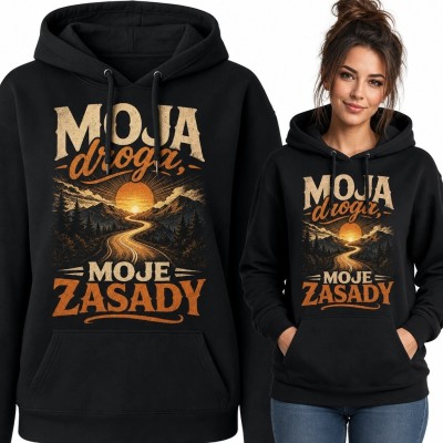Bluza damska z kapturem z górską drogą i napisem „Moja droga, moje zasady”