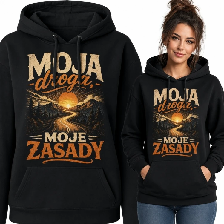 Bluza damska z kapturem z górską drogą i napisem „Moja droga, moje zasady”