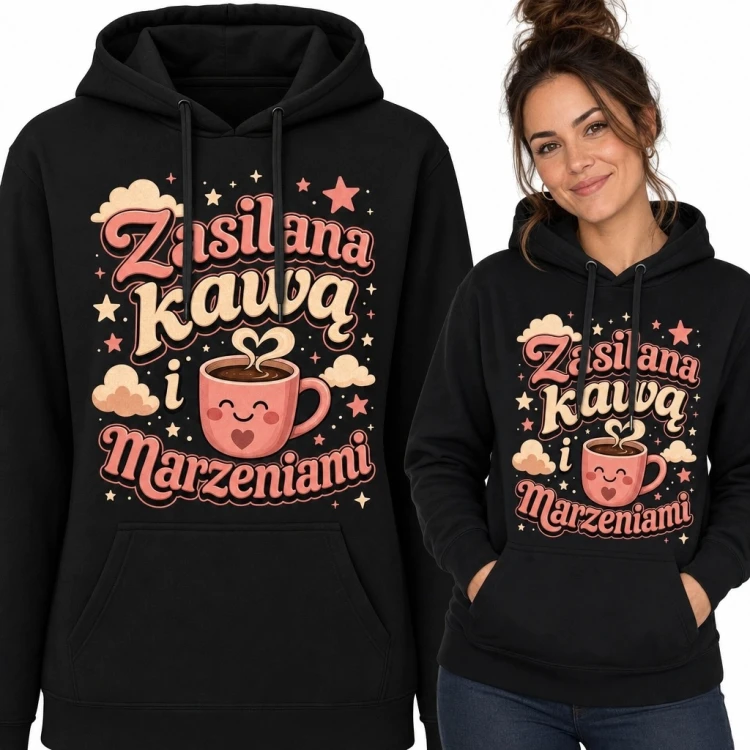 Bluza damska z kapturem „Zasilana kawą i Marzeniami” - kawowy nadruk retro