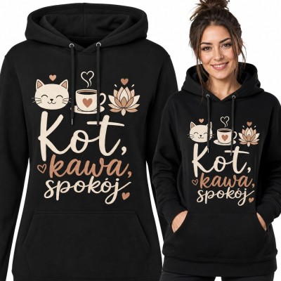 Bluza damska z kapturem „Kot, kawa, spokój” - kot, filiżanka i lotos