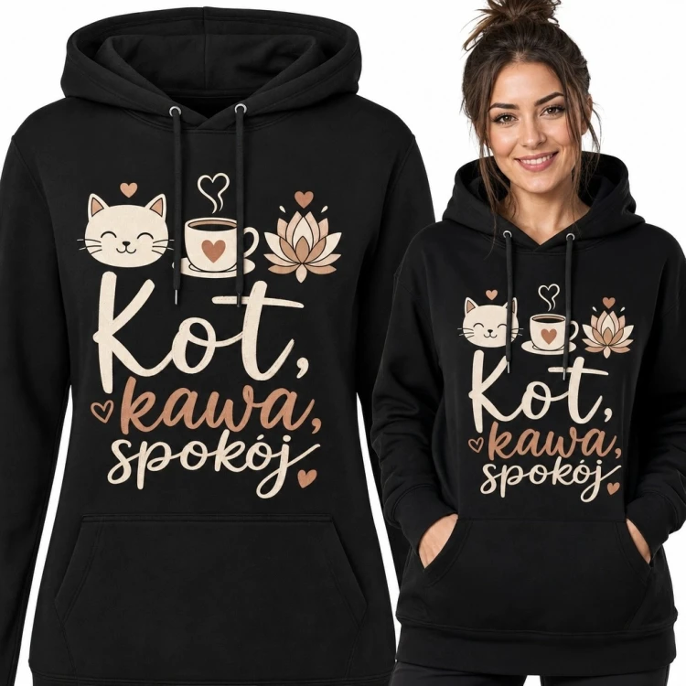 Bluza damska z kapturem „Kot, kawa, spokój” - kot, filiżanka i lotos
