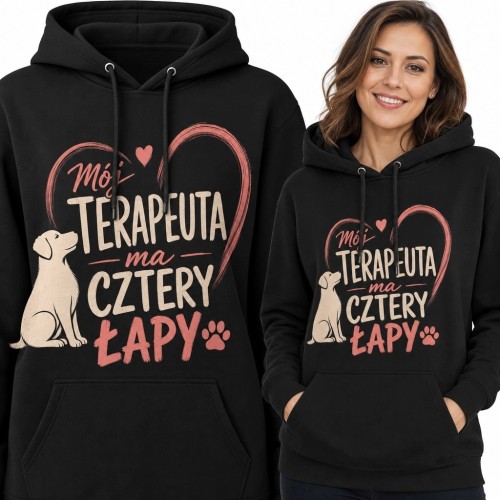 Bluza damska z kapturem z psem i napisem „Mój terapeuta ma cztery łapy”