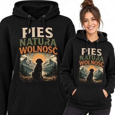 Bluza damska z kapturem z psem w górach „Pies Natura Wolność”