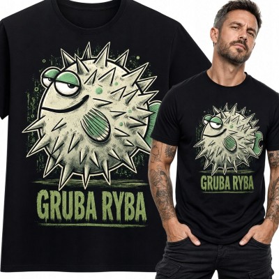 Koszulka męska z kolczastą rybą „Gruba ryba” - śmieszny nadruk