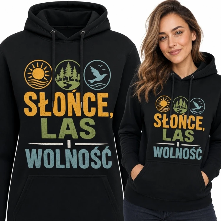 Bluza damska z kapturem „Słońce, las i wolność” - motyw natury retro