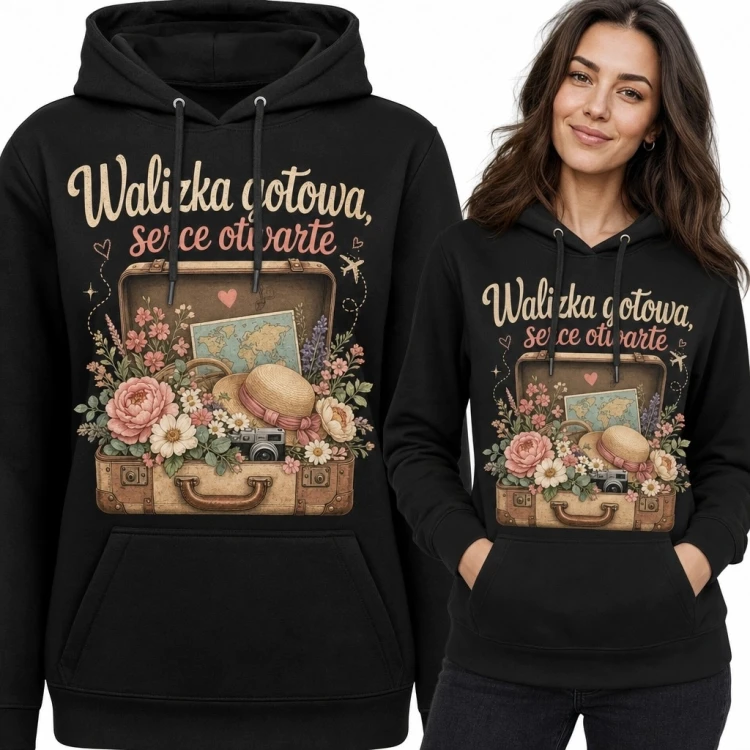 Bluza damska z kapturem „Walizka gotowa, serce otwarte” - podróżniczy wzór retro