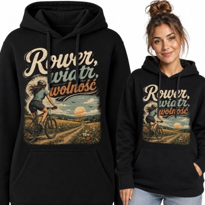 Bluza damska z kapturem „Rower, wiatr, wolność” - retro motyw rowerzystki