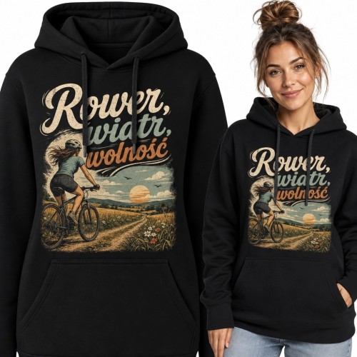 Bluza damska z kapturem „Rower, wiatr, wolność” - retro motyw rowerzystki