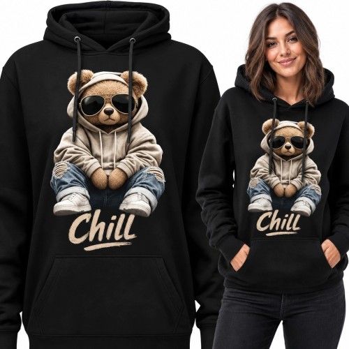 Bluza damska z kapturem z misiem i napisem „Chill” - streetwear