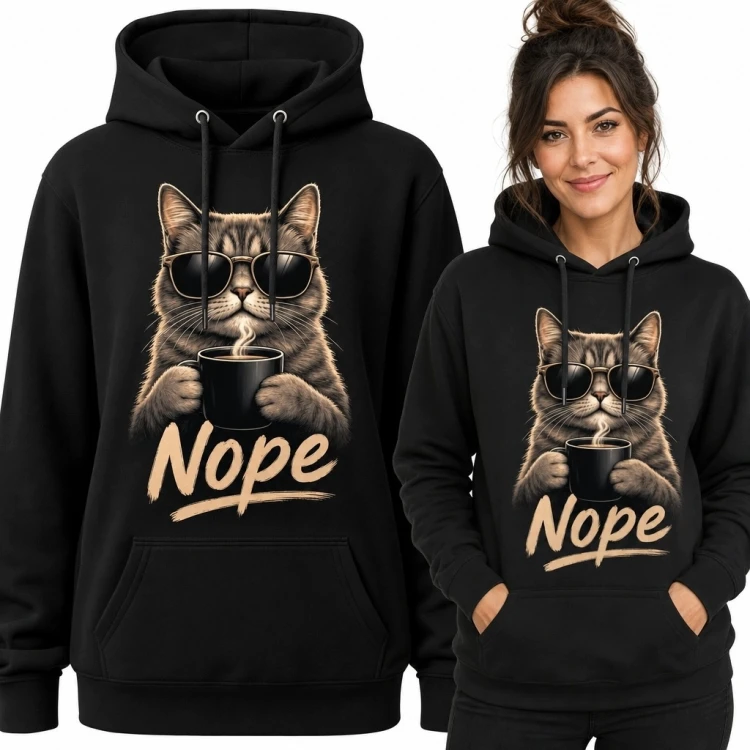 Bluza damska z kapturem, kotem w okularach i napisem „Nope” - koci humor