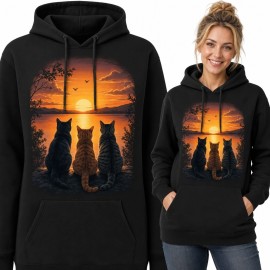 Bluza damska z kapturem - trzy koty nad wodą o zachodzie słońca