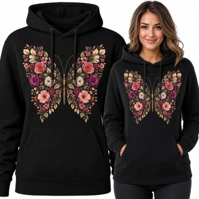 Bluza damska z kapturem - kwiatowy motyl na czarnym tle