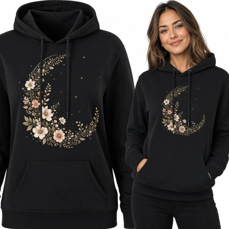 Bluza damska z kapturem - kwiatowy półksiężyc i gwiazdy