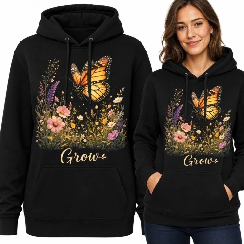 Bluza damska z kapturem - motyl monarcha i polne kwiaty „Grow”