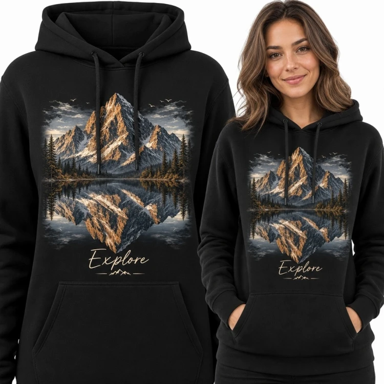 Bluza damska z kapturem - górskie jezioro i napis „Explore”