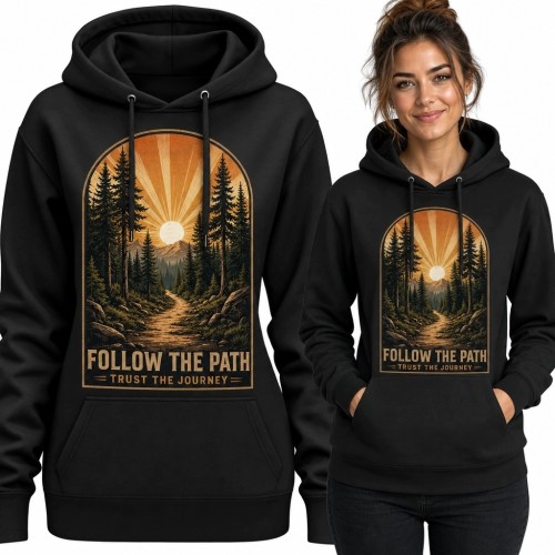 Bluza damska z kapturem z leśną ścieżką „Follow the Path” - retro outdoor