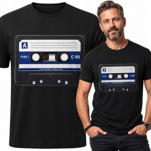 Koszulka męska z kasetą magnetofonową C-90 - muzyczny motyw retro