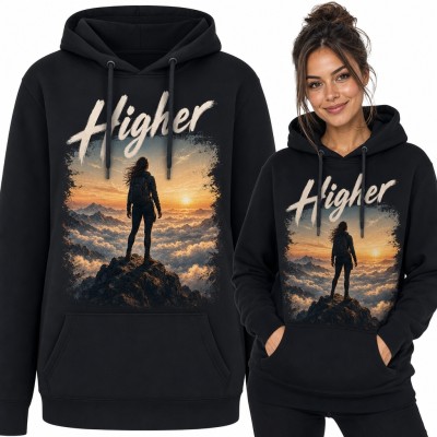 Bluza damska z kapturem z górskim motywem i napisem „Higher” - czarna