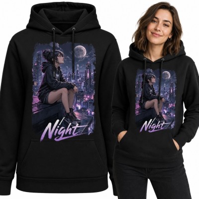 Bluza damska z kapturem z dziewczyną anime nad neonowym miastem „Night” - cyberpunkowy motyw