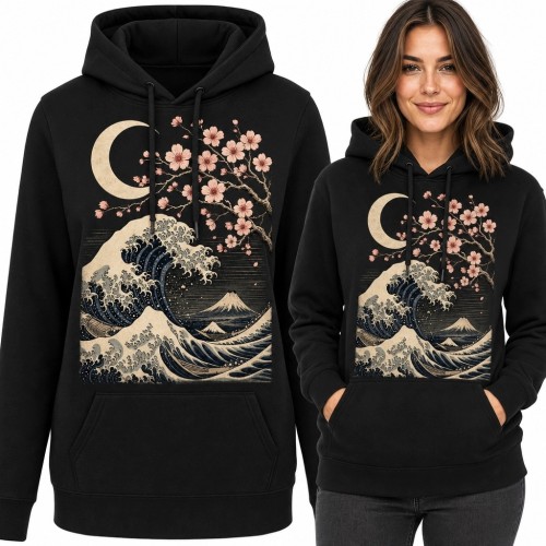 Bluza damska z kapturem - japońska fala, sakura i góra Fuji