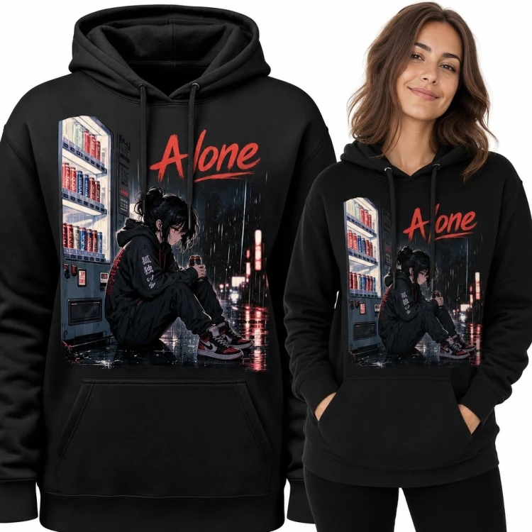 Bluza damska z kapturem z napisem „Alone” - anime w neonowym mieście