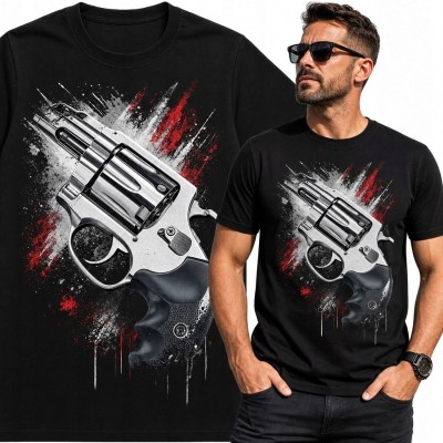 Koszulka męska z rewolwerem - dynamiczny nadruk streetwearowy